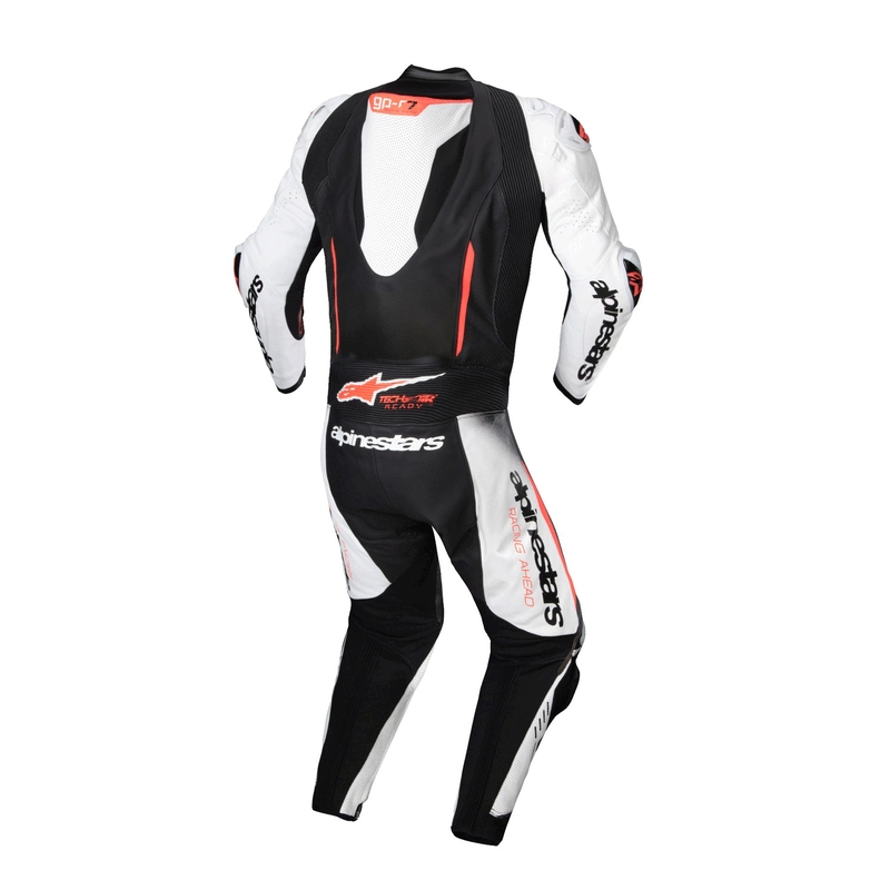Alpinestars GP-R7 Tech-Air valmis/yhteensopiva valko-musta-fluo-punainen yksiosainen nahkapuku.