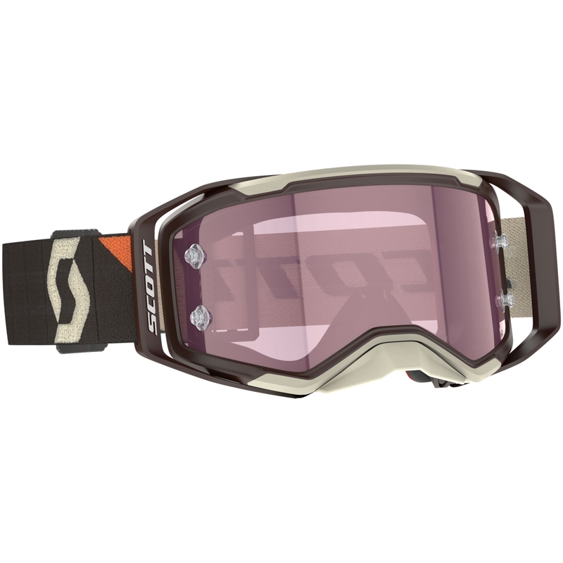 Motocross lasit SCOTT Prospect 2.0 AMP tummanruskea-beige vaaleanpunaisella pleksillä.