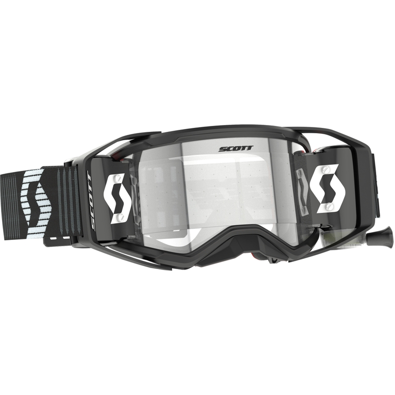 Motocross lasit SCOTT Prospect 2.0 Super WFS musta ja valkoinen kirkkaalla pleksillä.