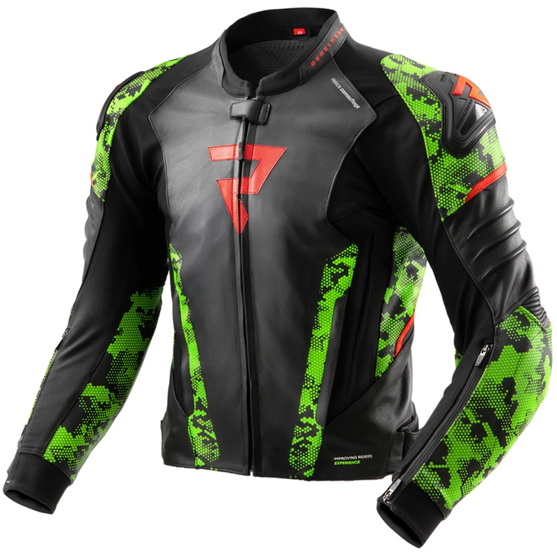 Rebelhorn Veloce musta-camo-vihreä-fluo-punainen nahkainen moottoripyörätakki