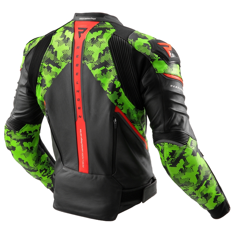 Rebelhorn Veloce musta-camo-vihreä-fluo-punainen nahkainen moottoripyörätakki