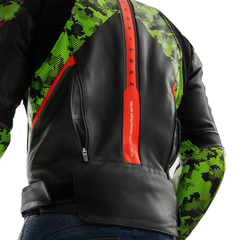 Rebelhorn Veloce musta-camo-vihreä-fluo-punainen nahkainen moottoripyörätakki