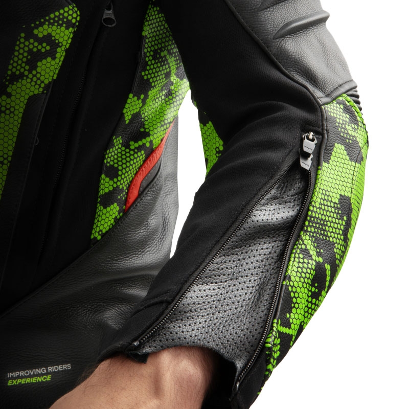 Rebelhorn Veloce musta-camo-vihreä-fluo-punainen nahkainen moottoripyörätakki