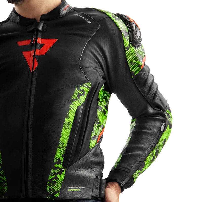 Rebelhorn Veloce musta-camo-vihreä-fluo-punainen nahkainen moottoripyörätakki