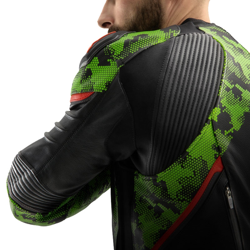 Rebelhorn Veloce musta-camo-vihreä-fluo-punainen nahkainen moottoripyörätakki