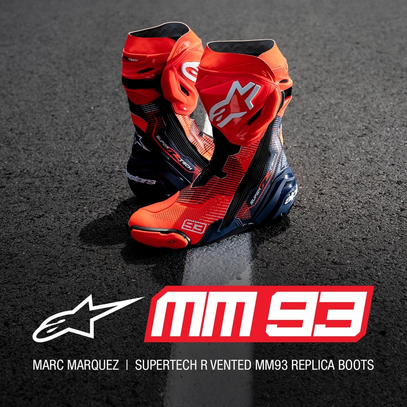 Alpinestars Supertech R Vented rajoitettu painos MM93 Marc Marquez fluo punainen-sininen-musta moottoripyöräsaappaat