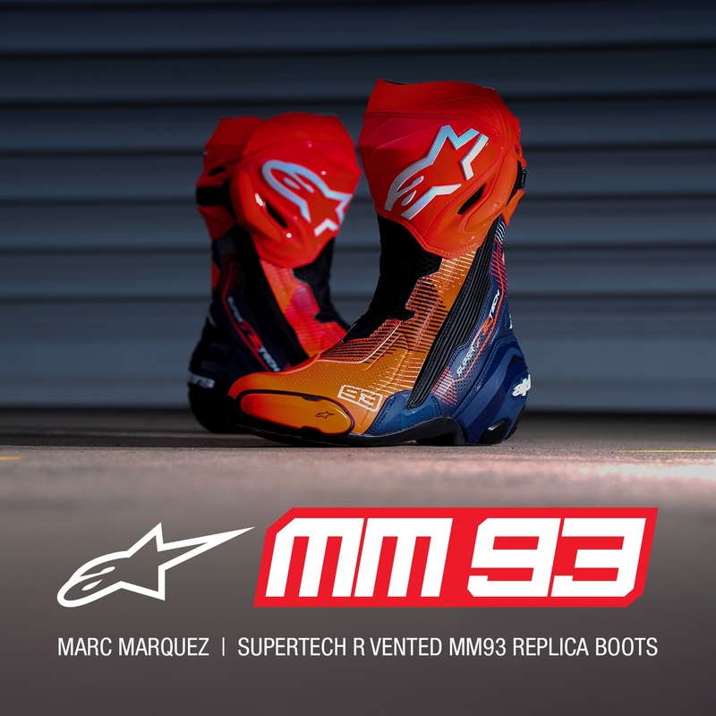 Alpinestars Supertech R Vented rajoitettu painos MM93 Marc Marquez fluo punainen-sininen-musta moottoripyöräsaappaat