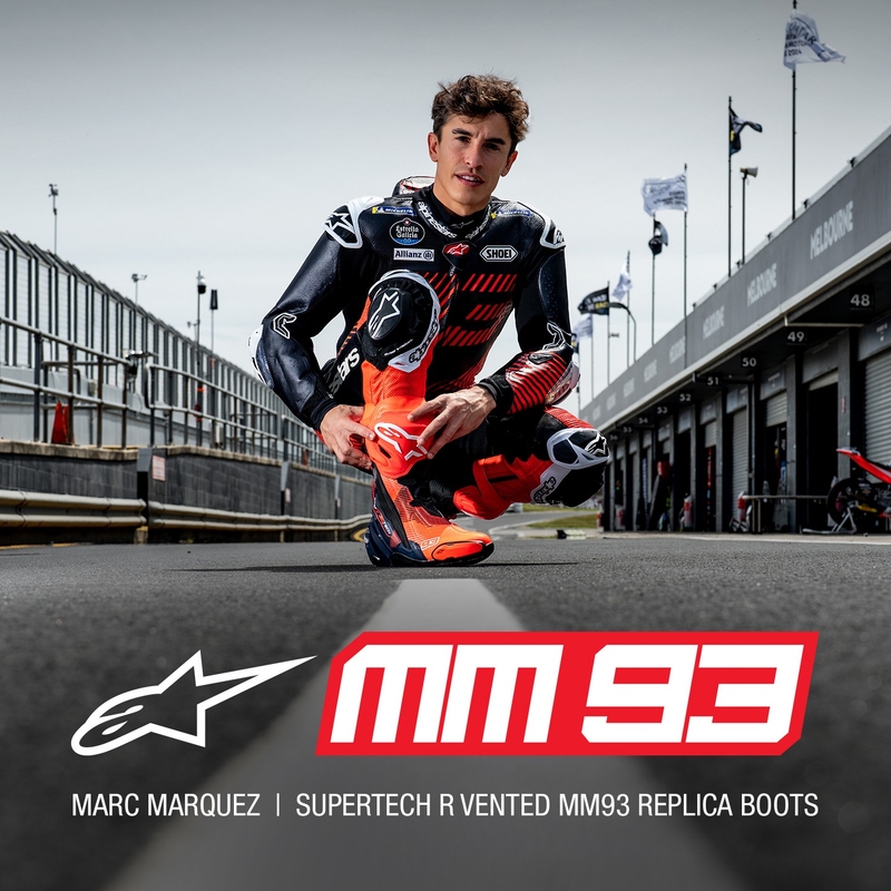 Alpinestars Supertech R Vented rajoitettu painos MM93 Marc Marquez fluo punainen-sininen-musta moottoripyöräsaappaat
