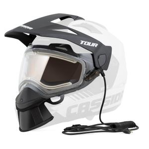 Cassida Tour sähköinen kypäränlämmityssarja kirkkaalla pleksillä ja oranssilla huurtumattomalla näytöllä.