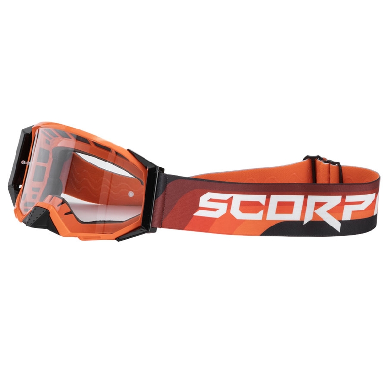 Motocross-lasit Scorpion E24 oranssi-musta kirkkaalla pleksillä varustettuna.