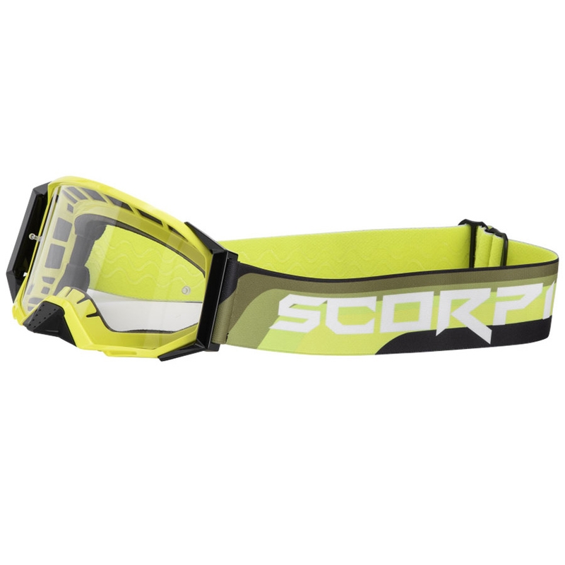 Motocross-lasit Scorpion E24 fluo-kelta-musta kirkkaalla pleksillä.