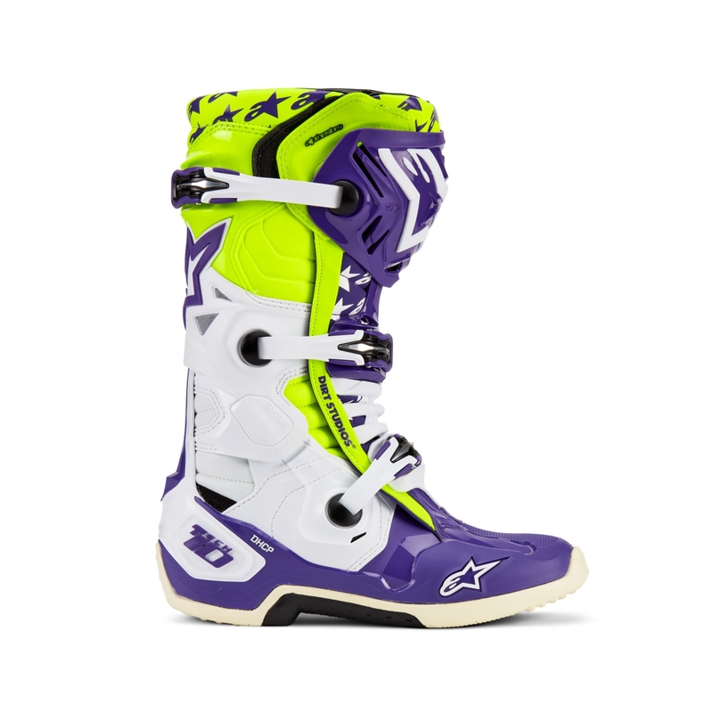 Alpinestars TECH 10 rajoitettu painos Dirt Studios violetti-valkoinen-fluo keltainen moottoripyörä saappaat