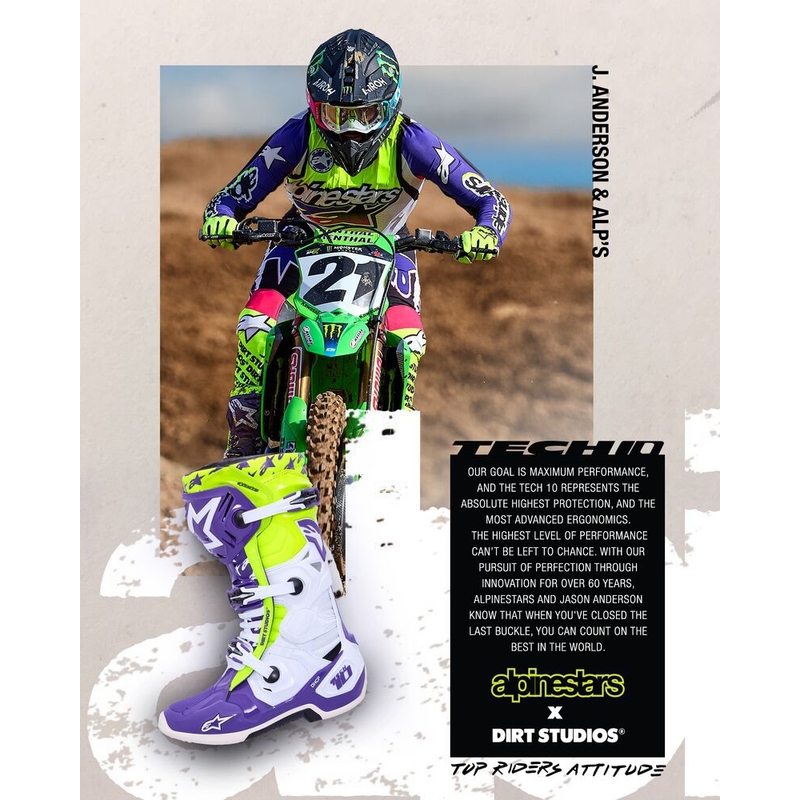 Alpinestars TECH 10 rajoitettu painos Dirt Studios violetti-valkoinen-fluo keltainen moottoripyörä saappaat