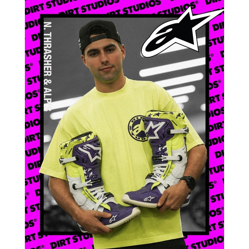 Alpinestars TECH 10 rajoitettu painos Dirt Studios violetti-valkoinen-fluo keltainen moottoripyörä saappaat