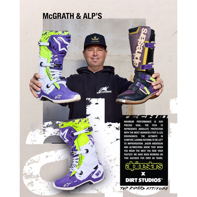 Alpinestars TECH 10 rajoitettu painos Dirt Studios violetti-valkoinen-fluo keltainen moottoripyörä saappaat