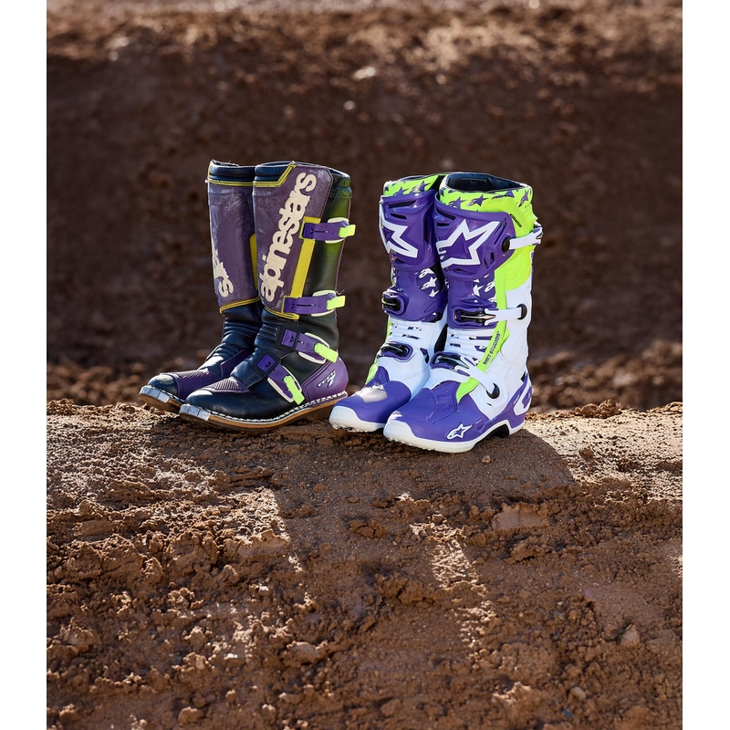 Alpinestars TECH 10 rajoitettu painos Dirt Studios violetti-valkoinen-fluo keltainen moottoripyörä saappaat
