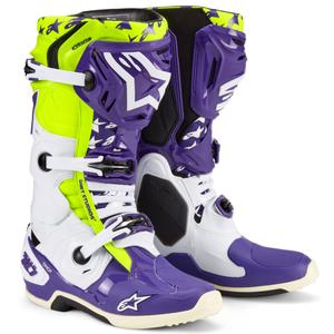Alpinestars TECH 10 rajoitettu painos Dirt Studios violetti-valkoinen-fluo keltainen moottoripyörä saappaat