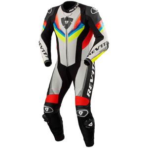 Revit Quantum 3 vaaleanharmaa-fluokokeltainen nahkainen moottoripyöräilyhaalari.