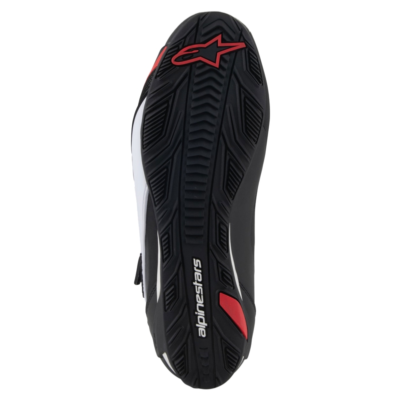 Alpinestars Faster-4 mustat, valkoiset ja punaiset moottoripyöräsaappaat.
