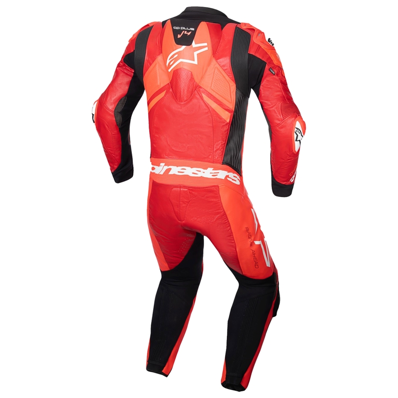 Alpinestars GP Plus V4 Sprint, Tech-air yhteensopiva fluo-punainen, punainen, valkoinen ja musta yksiosainen nahkainen moottoripyöräpuku.