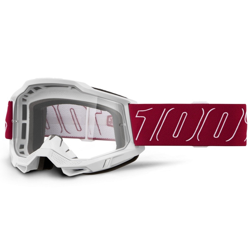 Motocross-lasit 100% Accuri 2 Redline kirkkaalla pleksillä varustettuna.