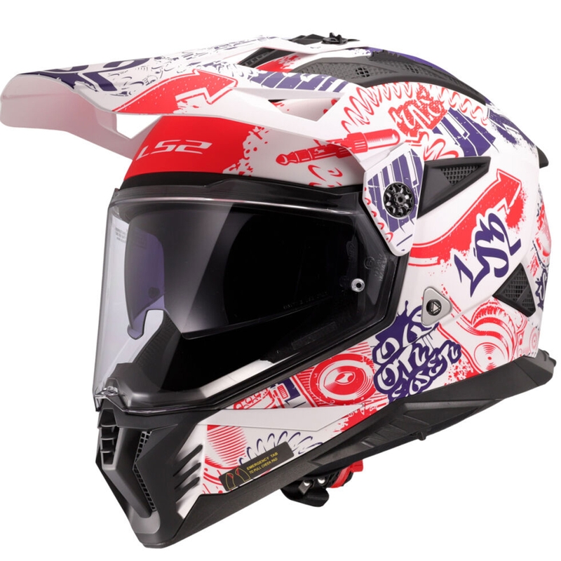 Enduro-moottoripyöräilykypärä LS2 MX702 Pioneer II Fantasy valkoinen-punainen-sininen