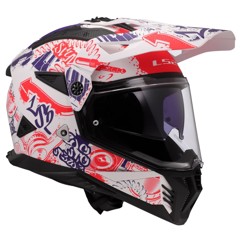 Enduro-moottoripyöräilykypärä LS2 MX702 Pioneer II Fantasy valkoinen-punainen-sininen