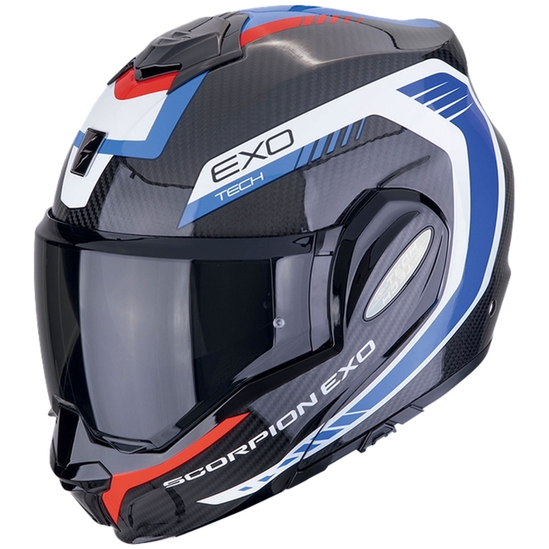 Taitettava moottoripyöräilykypärä Scorpion EXO-TECH EVO CARBON COSY musta-sininen-punainen