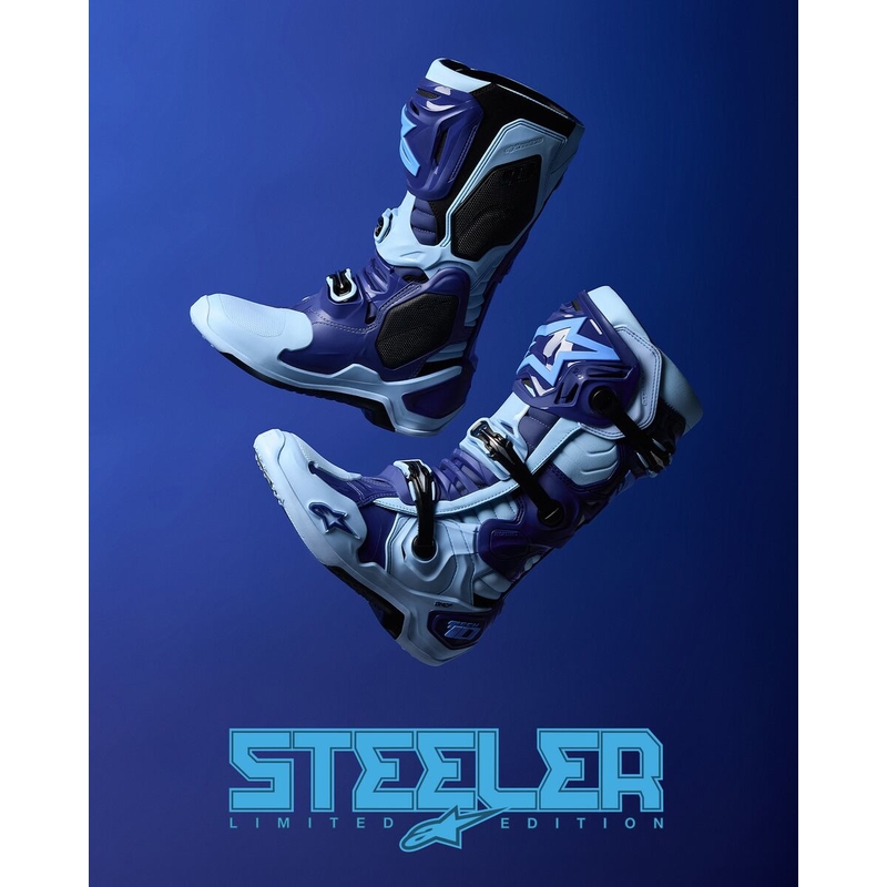 Alpinestars Tech 10 rajoitettu painos Steelers sininen ja vaaleansininen moottoripyörä saappaat