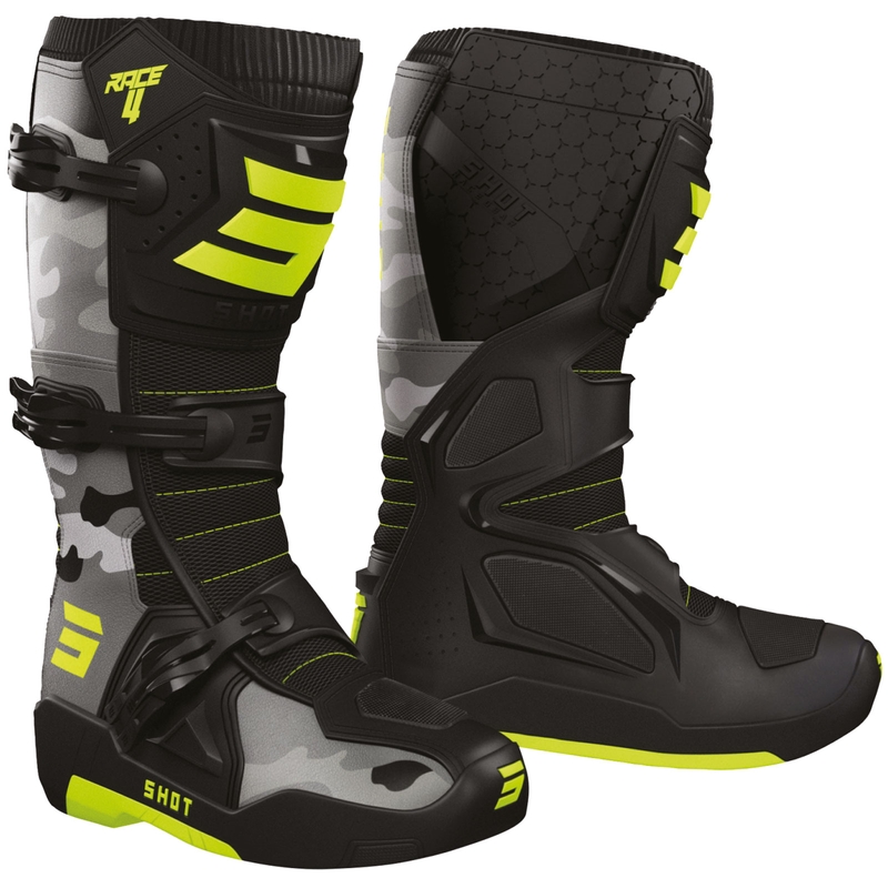 Shot Race 4 camo-fluo-keltaiset moottoripyöräsaappaat