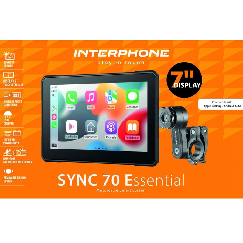 Interphone SYNC70 ESSENTIAL Apple CarPlay- ja Android Auto -näyttö moottoripyöriin