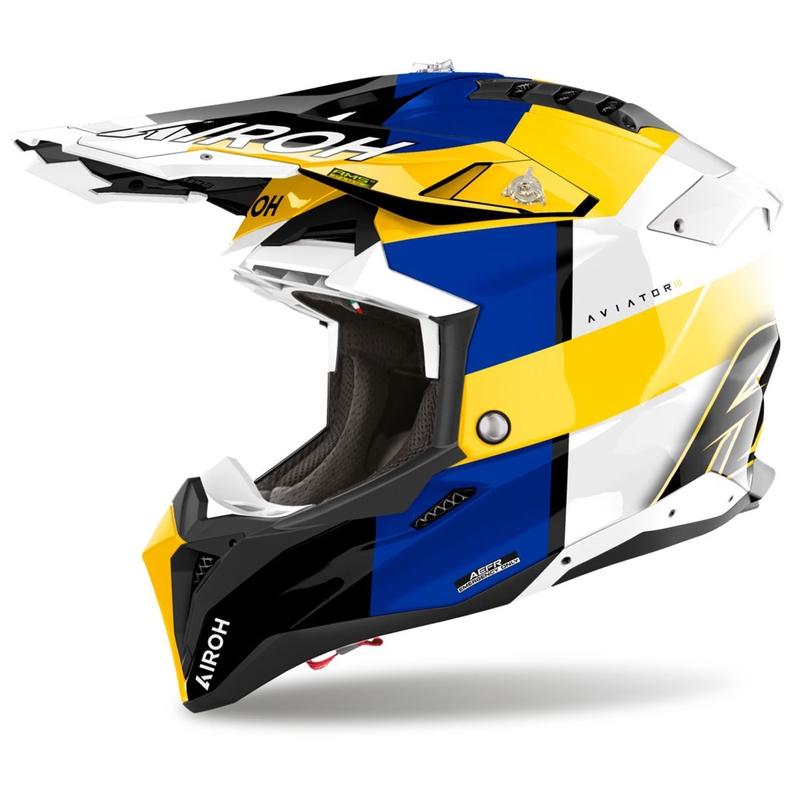 Motocross kypärä Airoh Aviator 3 Monarch sinikeltainen kiiltävä kiiltävä