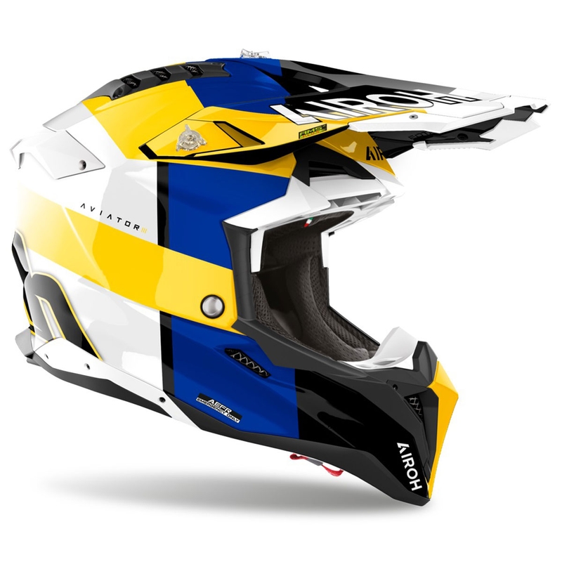 Motocross kypärä Airoh Aviator 3 Monarch sinikeltainen kiiltävä kiiltävä