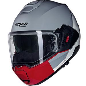 Nolan N120-1 Grafo N-COM 349 harmaa-valko-punainen kokoontaitettava moottoripyöräilykypärä.