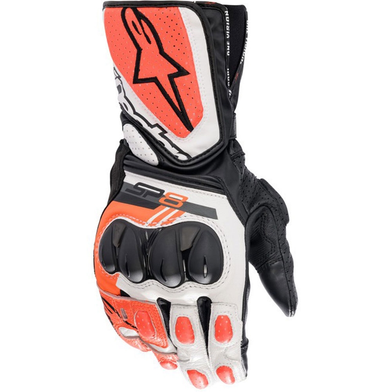 Alpinestars SP-8 valkoinen-fluo-punainen-musta moottoripyöräilykäsineet