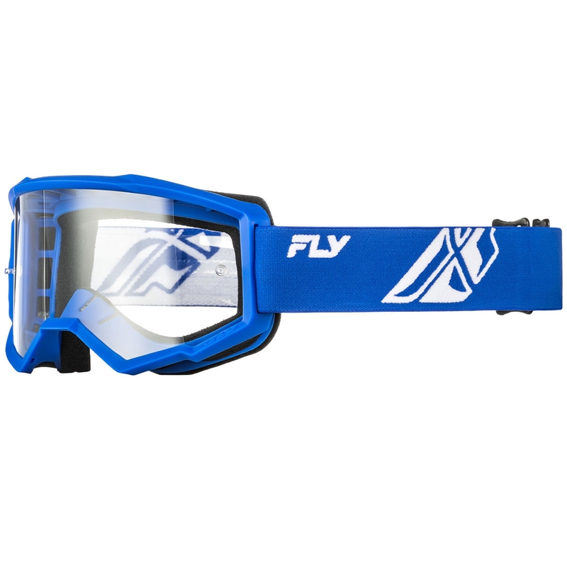 Motocross lasit Fly Racing Focus sininen ja valkoinen kirkkaalla pleksillä.