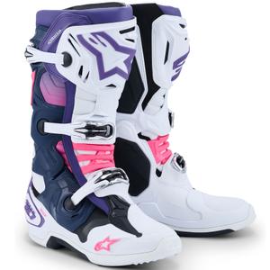 Alpinestars Tech 10 valkoinen-violetti-sininen-fluo vaaleanpunainen moottoripyörä saappaat