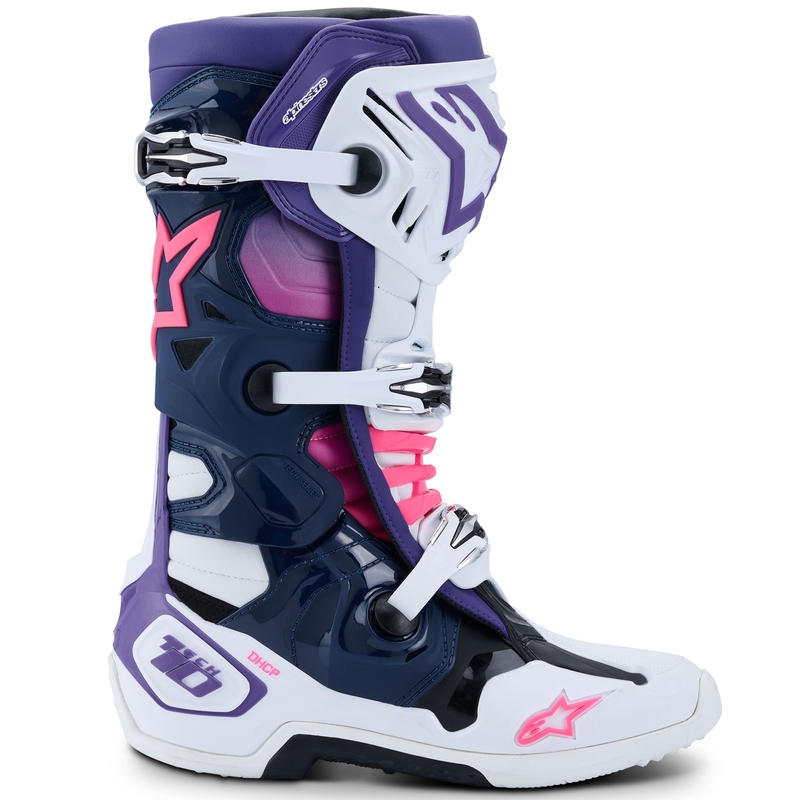 Alpinestars Tech 10 valkoinen-violetti-sininen-fluo vaaleanpunainen moottoripyörä saappaat