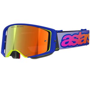 Alpinestars Supertech Vision Vista motocrosslasit sinikeltainen-violetti peilipintaisella punaisella linssillä varustettuna.