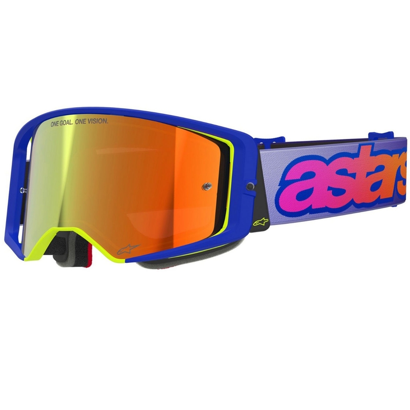 Alpinestars Supertech Vision Vista motocrosslasit sinikeltainen-violetti peilipintaisella punaisella linssillä varustettuna.