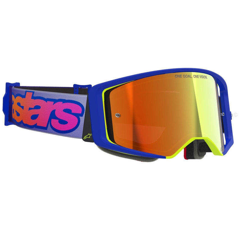 Alpinestars Supertech Vision Vista motocrosslasit sinikeltainen-violetti peilipintaisella punaisella linssillä varustettuna.
