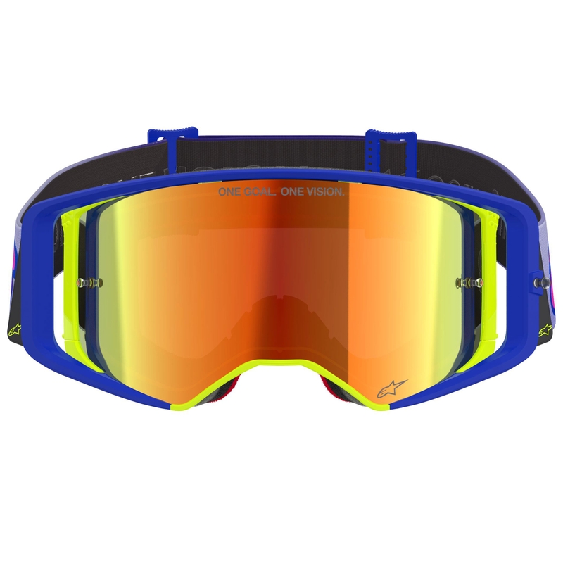 Alpinestars Supertech Vision Vista motocrosslasit sinikeltainen-violetti peilipintaisella punaisella linssillä varustettuna.