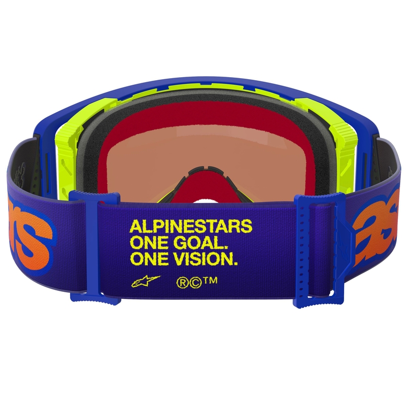 Alpinestars Supertech Vision Vista motocrosslasit sinikeltainen-violetti peilipintaisella punaisella linssillä varustettuna.