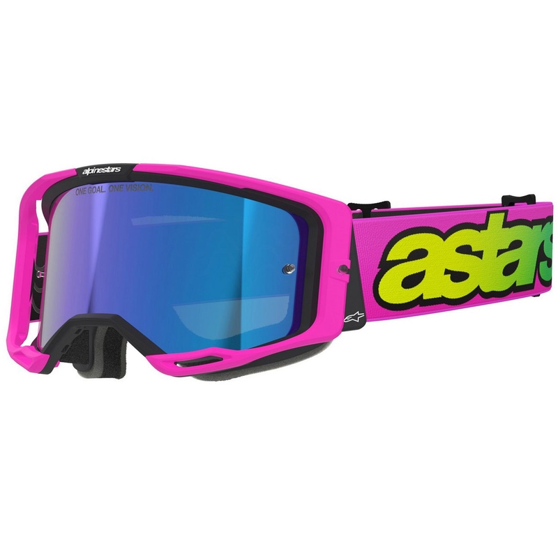 Alpinestars Vision 8 Vista fluo vaaleanpunainen-fluo keltainen-vihreä motocross lasit, joissa on peilattu sininen linssi.