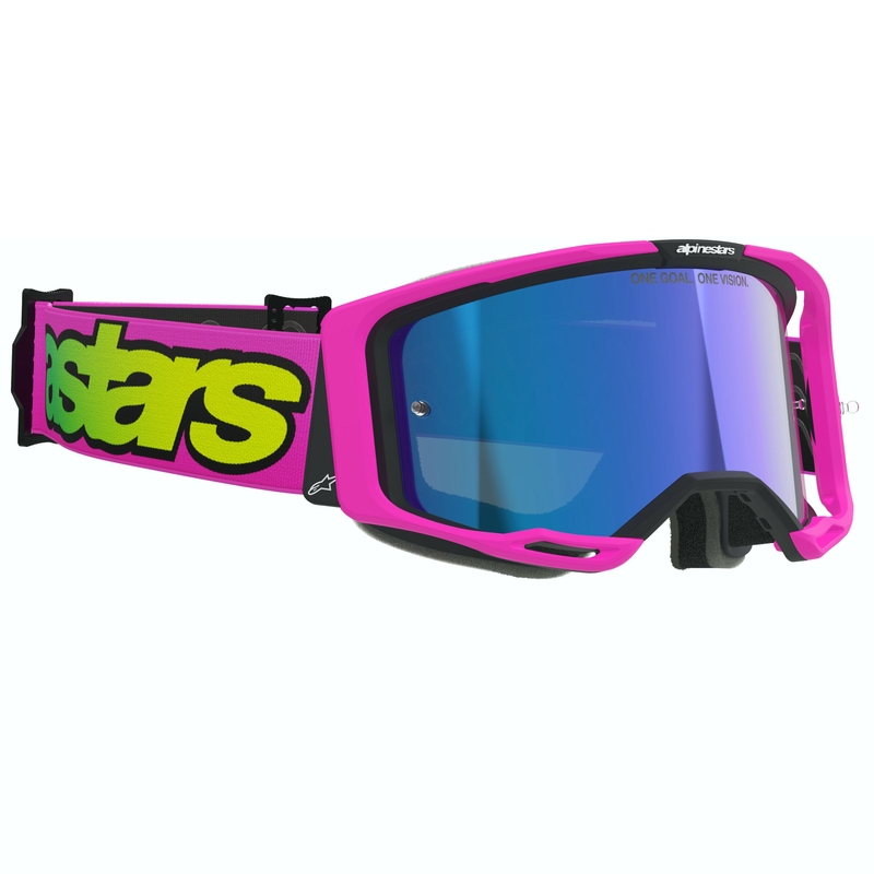 Alpinestars Vision 8 Vista fluo vaaleanpunainen-fluo keltainen-vihreä motocross lasit, joissa on peilattu sininen linssi.