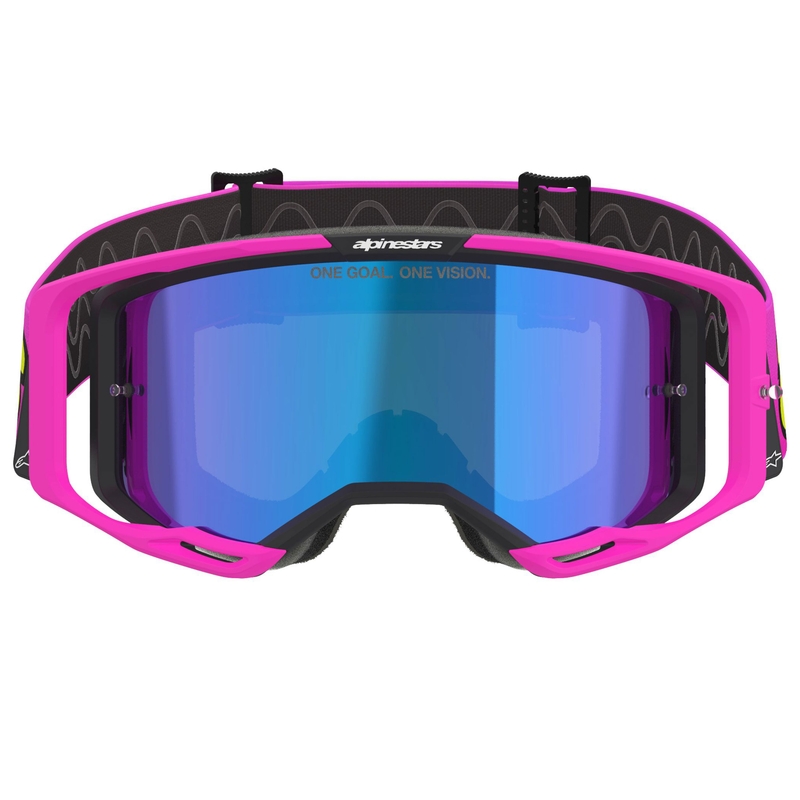 Alpinestars Vision 8 Vista fluo vaaleanpunainen-fluo keltainen-vihreä motocross lasit, joissa on peilattu sininen linssi.