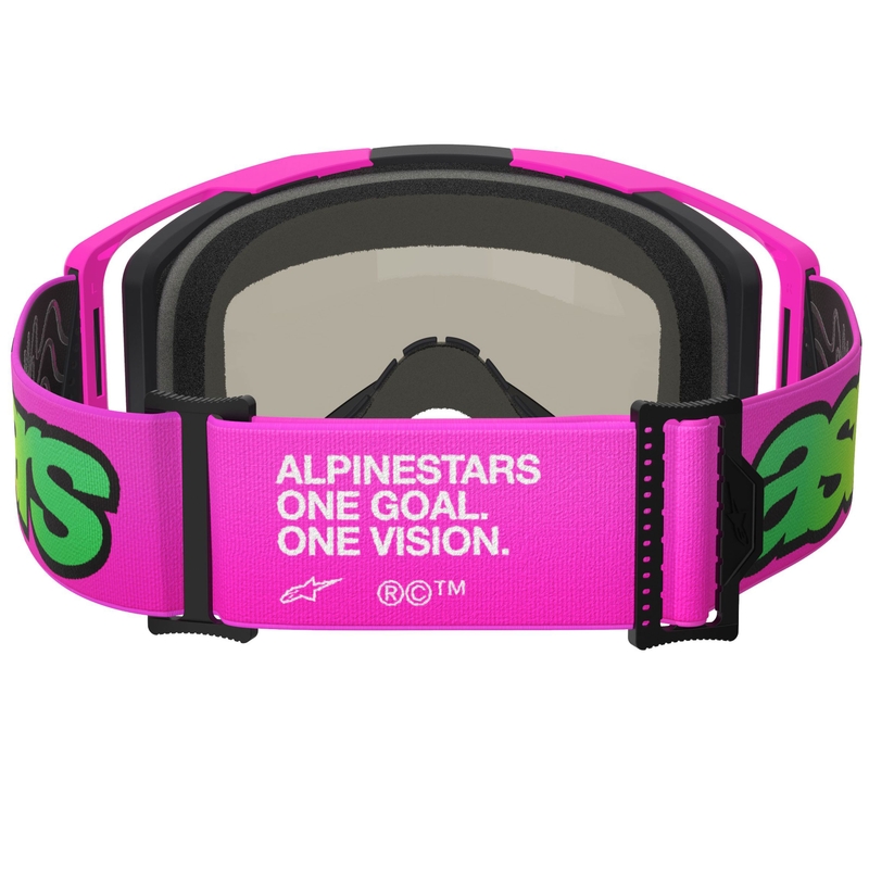 Alpinestars Vision 8 Vista fluo vaaleanpunainen-fluo keltainen-vihreä motocross lasit, joissa on peilattu sininen linssi.