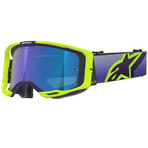 Alpinestars Vision 8 Corp fluo-kelta-lila motocross-lasit, joissa on peilattu sininen linssi.