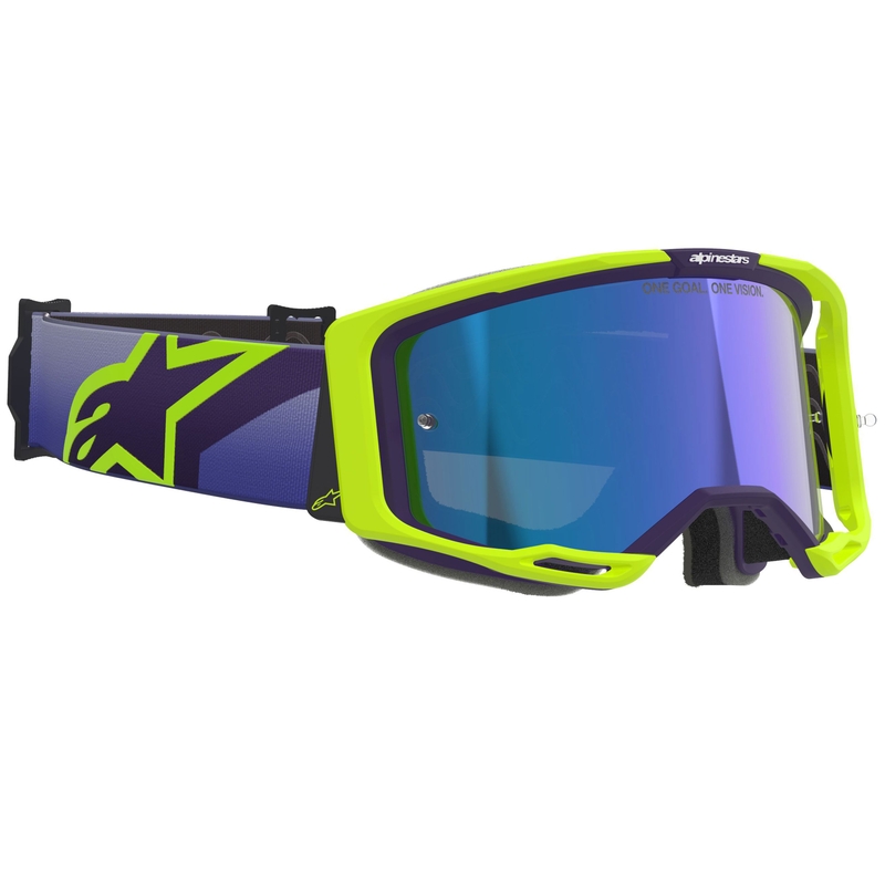 Alpinestars Vision 8 Corp fluo-kelta-lila motocross-lasit, joissa on peilattu sininen linssi.
