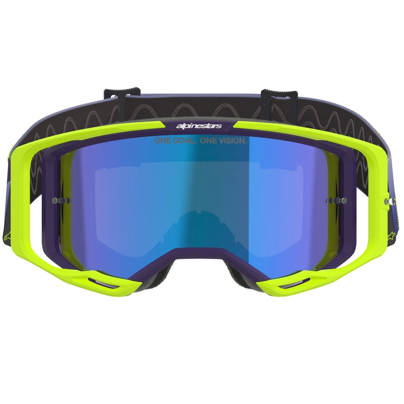 Alpinestars Vision 8 Corp fluo-kelta-lila motocross-lasit, joissa on peilattu sininen linssi.